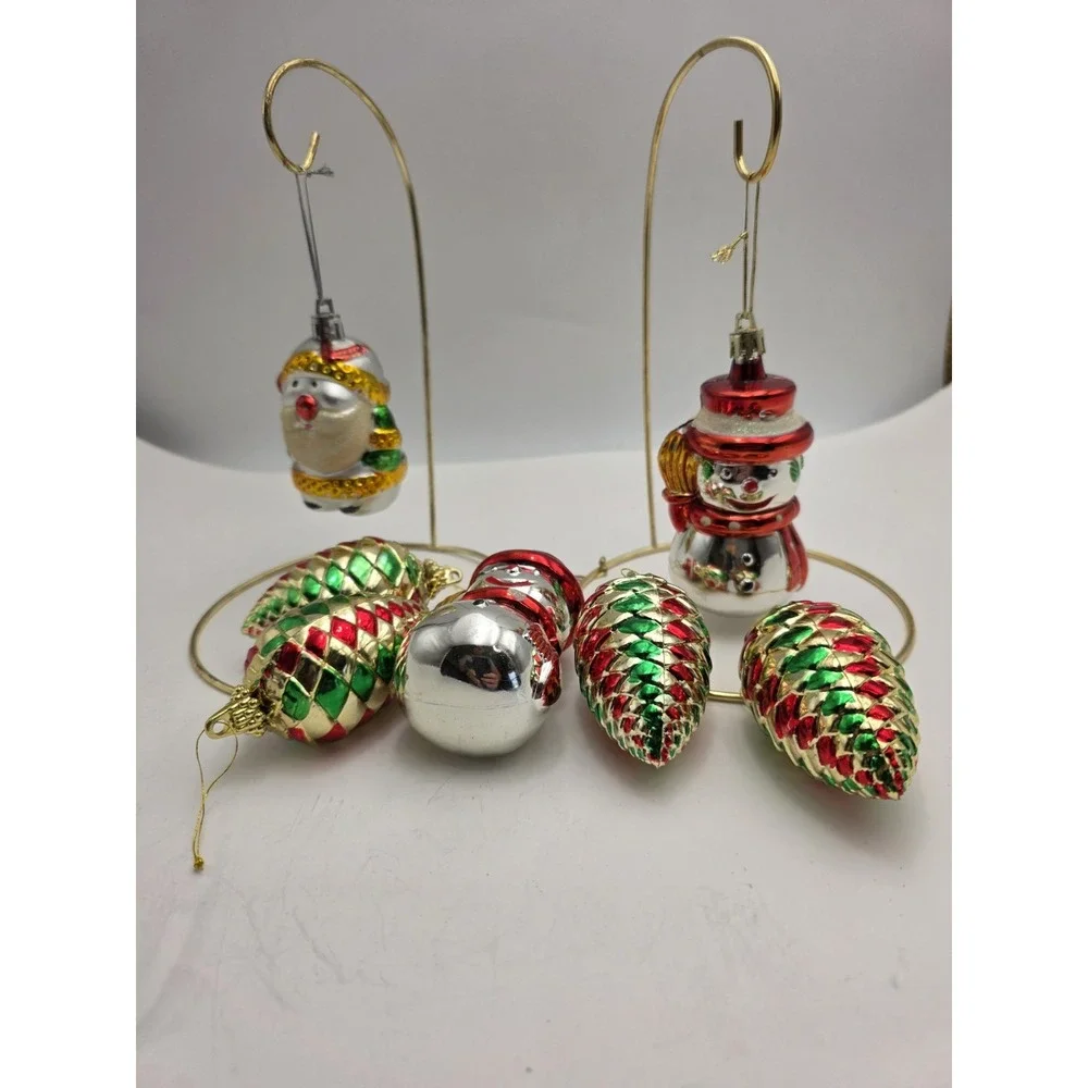 VTG Christmas Ornaments Lot 7Santa Snowman Pine Cone Red Green Gold Holiday